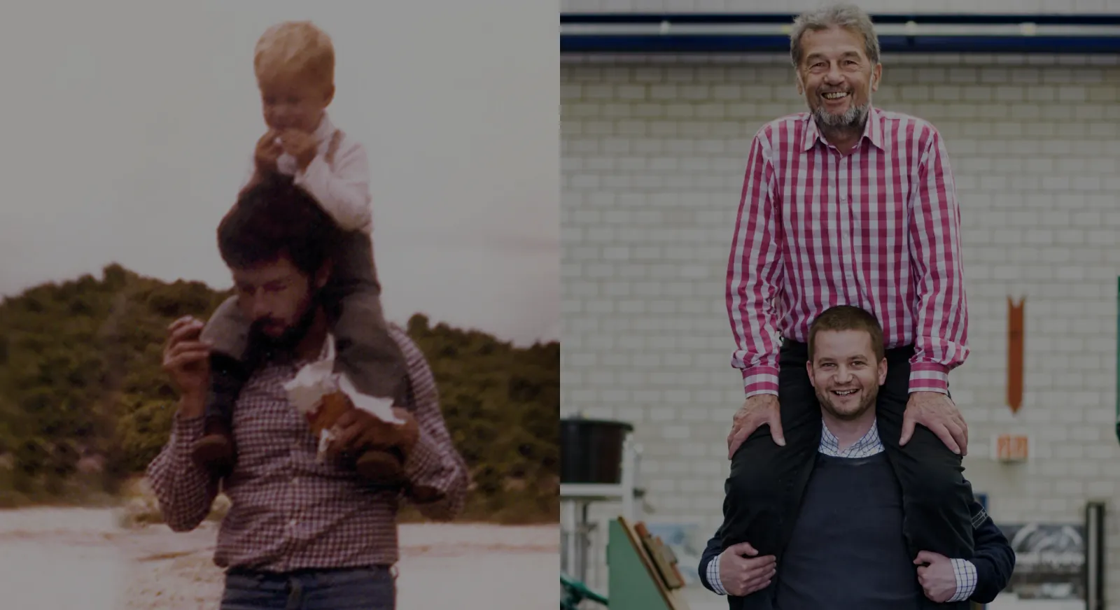 Father and son twice: Philipp as a child on the shoulders of his father Josef Erlach, and today Josef on Philipp's shoulders in the workshop